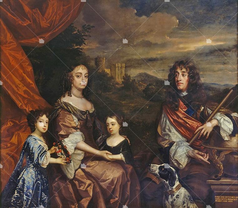 當時獲得這塊地的英國約克公爵(繼承國王之位後叫詹姆斯二世)與其家人畫像，得到新阿姆斯特丹時他約31歲，指揮著皇家海軍。