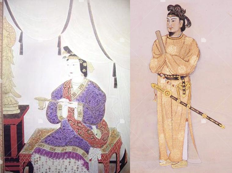 (左圖)推古天皇，圖片引用自維基百科，據《日本書紀》記載，推古天皇姿色美豔，舉止端莊。(右)聖德太子，圖片引用自日本四天王寺官網，「絵堂」中杉本賢吉所畫的聖徳太子。